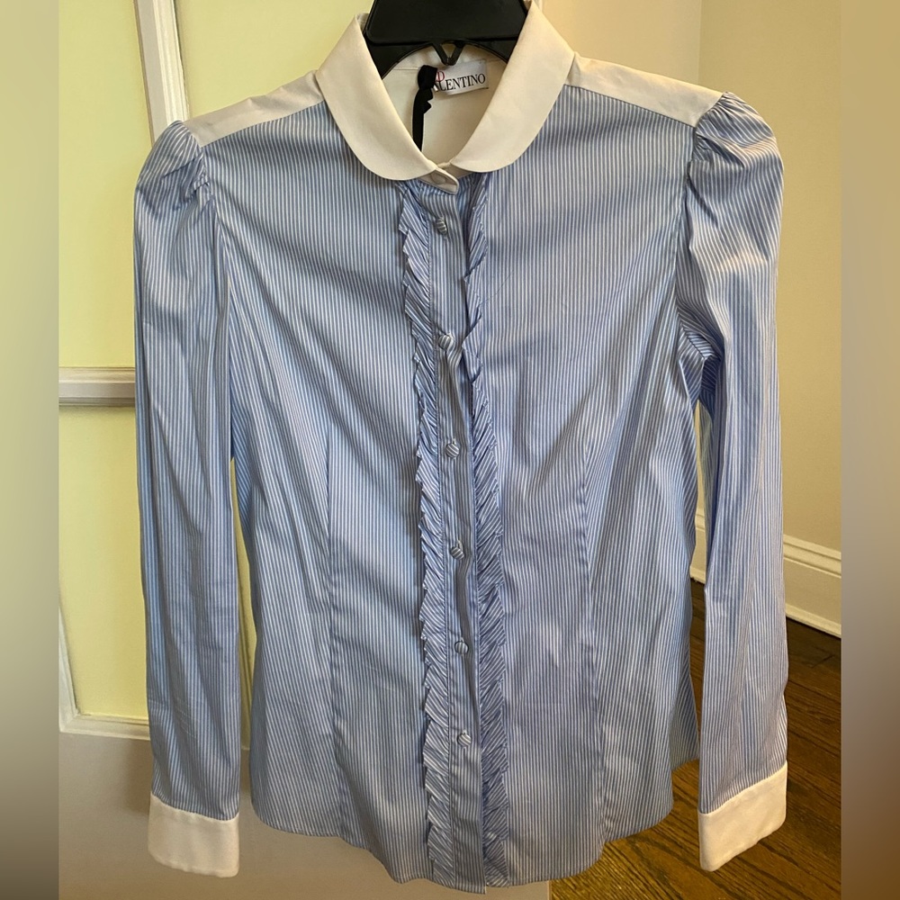 Red Valentino stripped ruffle light blue shirt